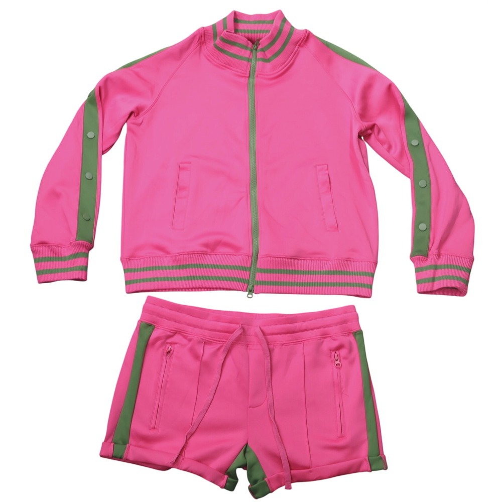 THE SET Tracksuit Women L Pink Green Excellent Snap Sleeve Jacket Shorts Set